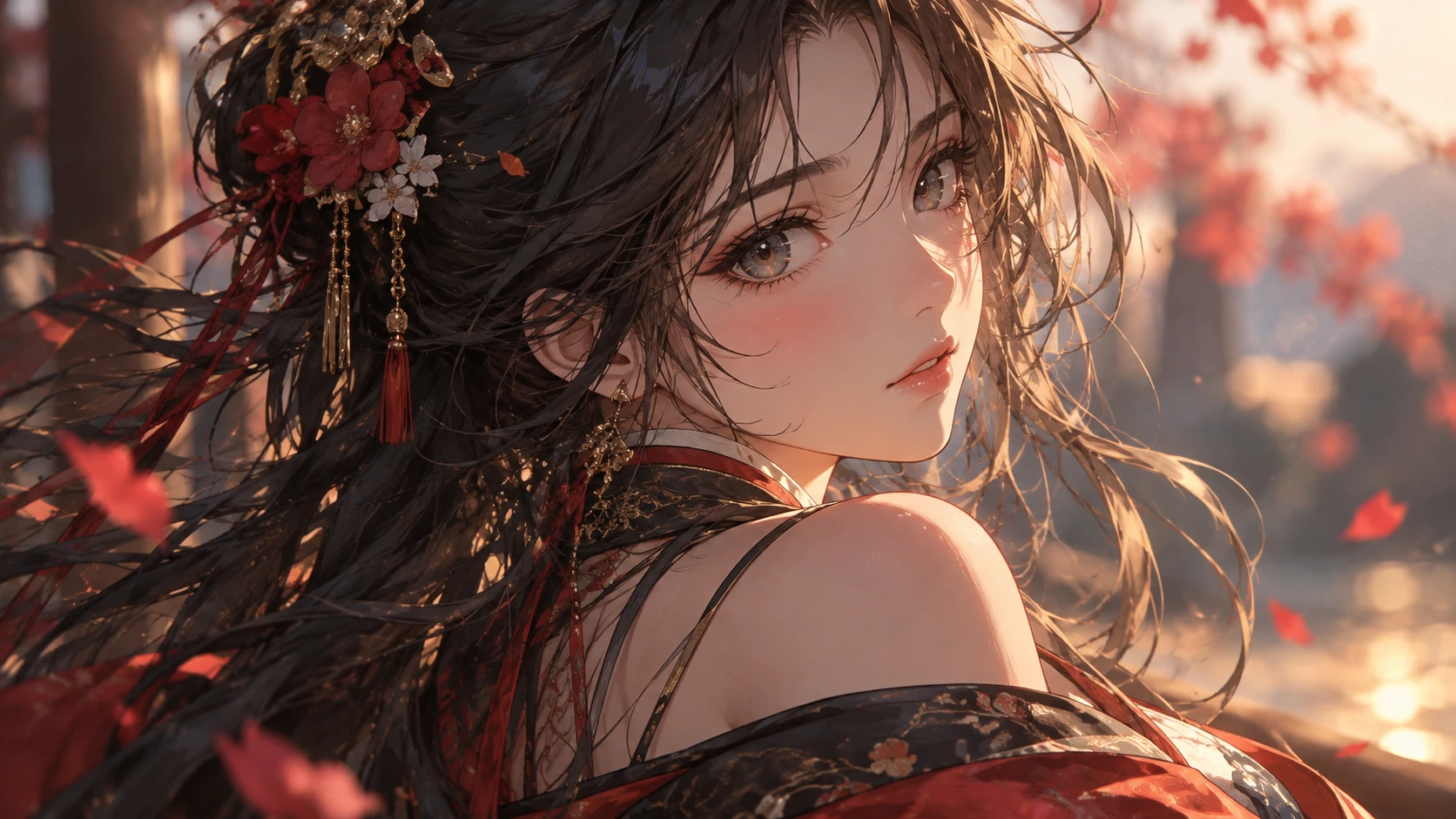 花饰与古风服饰的女性角色近景